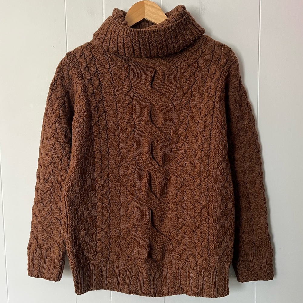 Inis Crafts Merino Wool Cable Knit Cowl Turtleneck Sweater Fisherman Ireland